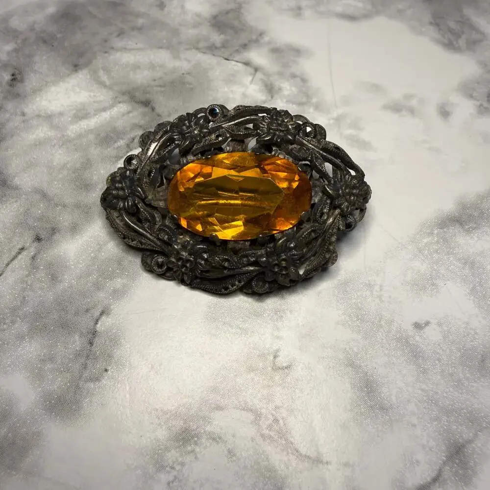Vintage Victorian Style Filigree Brooch with Large Faceted Citrine Glass